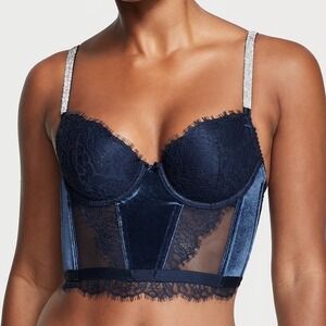 Victoria's Secret Bustier Too 34B Navy Blue Velvet Lace Corset Rhinestones NEW